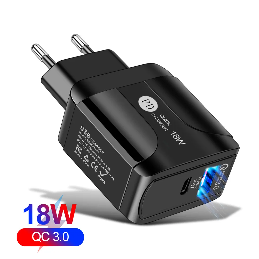 100pcs 18W QC3.0 USB Quick Charger Dual port QC3.0 USB Type C PD Fast Wall Charging Power adapter WIth LED For Iphone Samsung