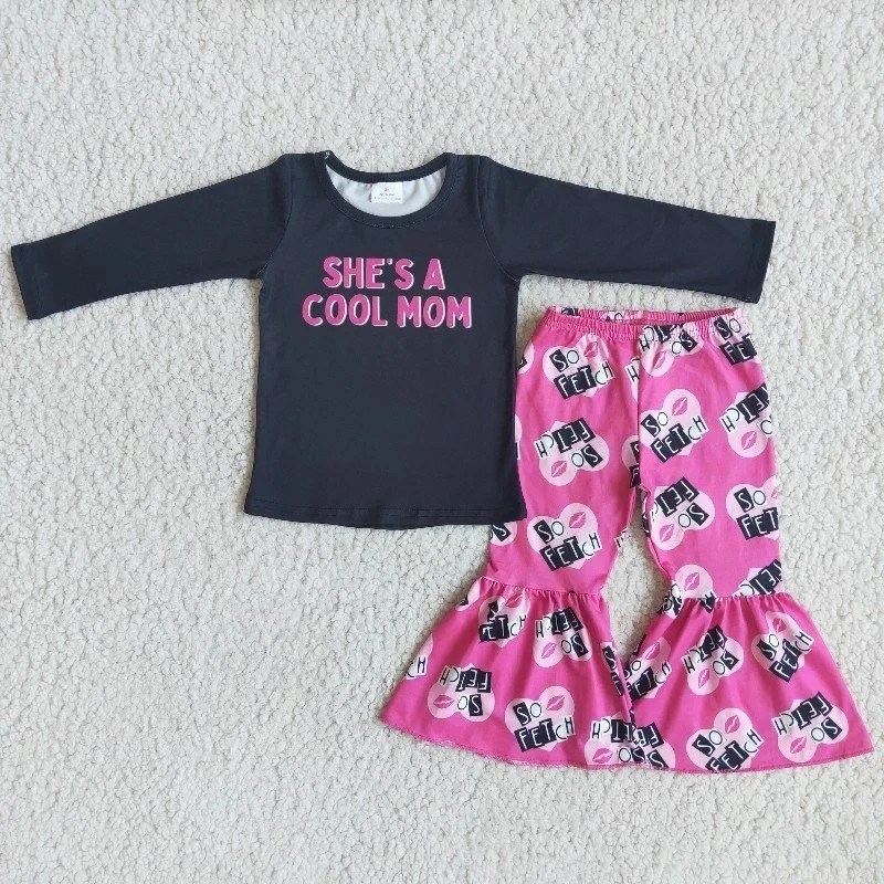 

Wholesale Toddler Wear Fashion boutique Kids Outfit Baby Girl Black Sleeves Clothes Letter Mom Top Pink Bells Pants Children Set