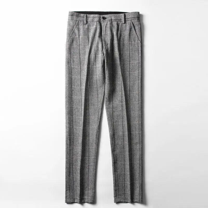 Men\'s Trousers Gray Herringbone Pants Retro Plaid Wool Tweed Casual Pant Gentleman Trousers Suit Male Man Pants Plus Size 2021