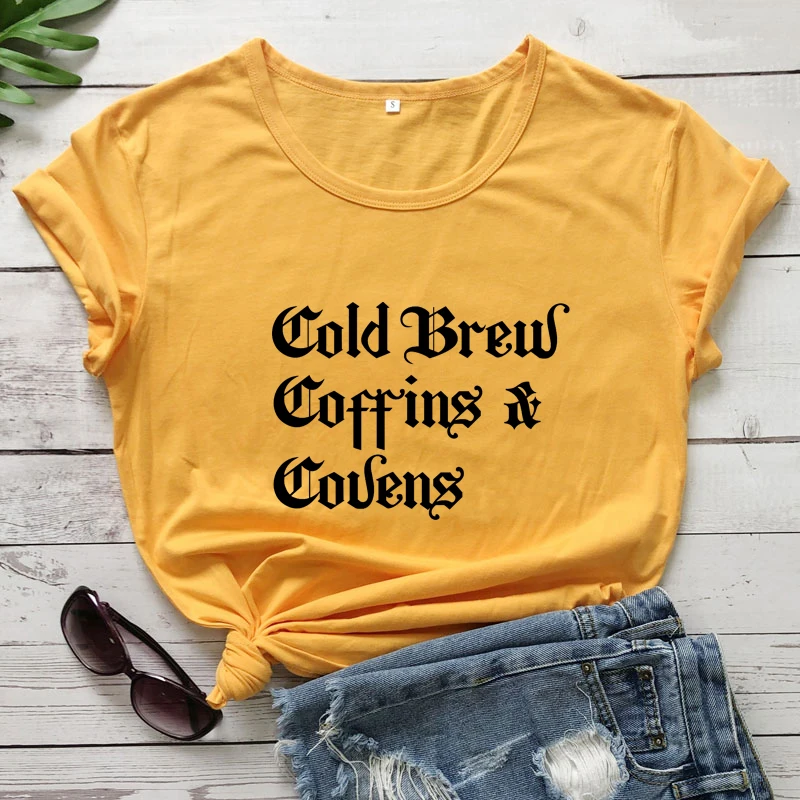 Cold Brew Coffins & Covens T-shirt Funny Autumn Halloween Party Tshirt Aesthetic Women Short Sleeve Witch Goth Top Tee Shirt