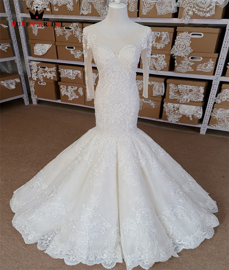 

Sexy Wedding Dress Mermaid Long Sleeve Tulle Lace Beading Appliques 100% Real Photos Bridal Dress Custom Made SH018