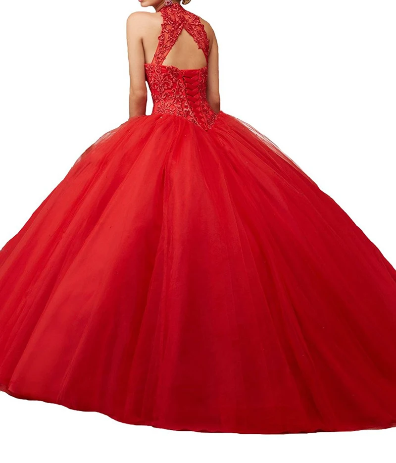 Merah Muda Putri Gaun Bola Gaun Pernikahan Gadis Manis 16 Quinceanera Gaun Halter Renda Appliques Prom Gaun Vestido De Fiesta