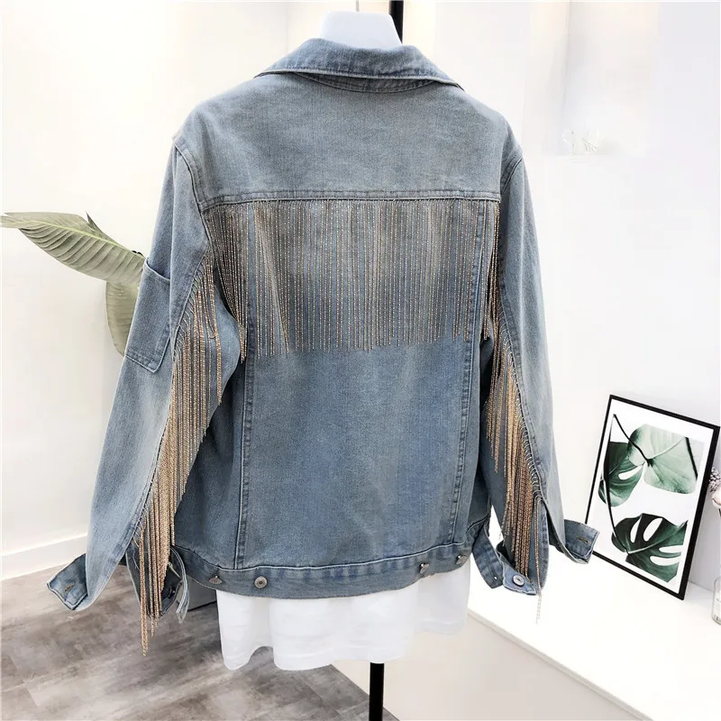 New Denim Jacket Tassels Sequins Women's Jeans Korean Loose Jeans Jacket Shimmer Beading Coat Casual Girls Outerwear Veste Femme