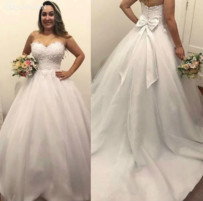 

Modest Sweetheart A-Line Wedding Dresses 2023 Lace Appliques Sleeveless with Bow Plus Size Court Train Bridal Gowns Wedding Gown