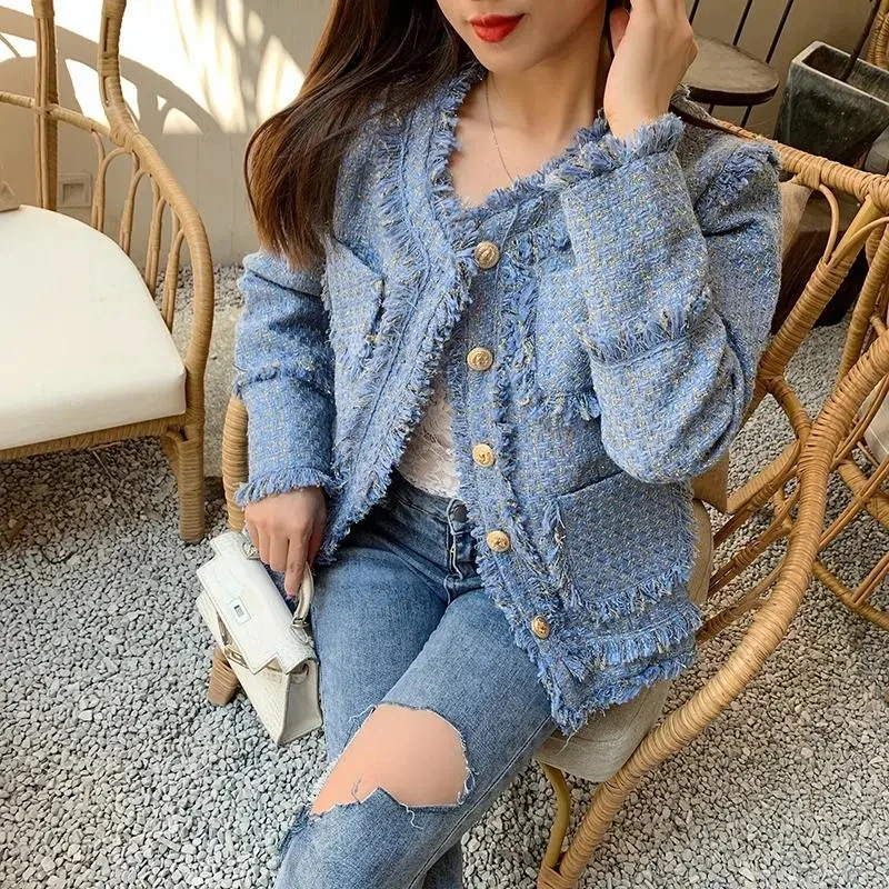 Chic Women\'s Winter Tweed Fringe Beaded Jacket High Quality Female Blue Woolen Coat