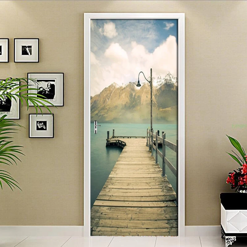 

New Wall Decals Door Mural Seaside Wooden Bridge Scenery Door Sticker DIY Self-adhesive Waterproof Wallpaper Poster Home Decor