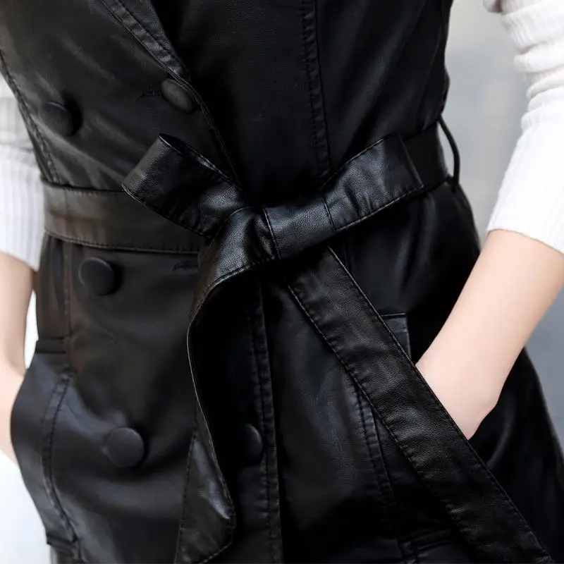 2023 Spring Autumn New Women Leather Vest Mid-length Women Clothing Slim Wild Sleeveless Leather Coat Female Jackets