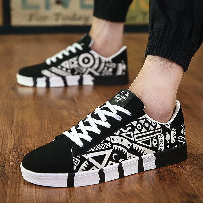 Summer Autumn Men Shoes Fashion Graffiti Men\'s Sneaker Lightweight Mens Casual Shoes Low Top Breathable Black Male Canvas Shoes