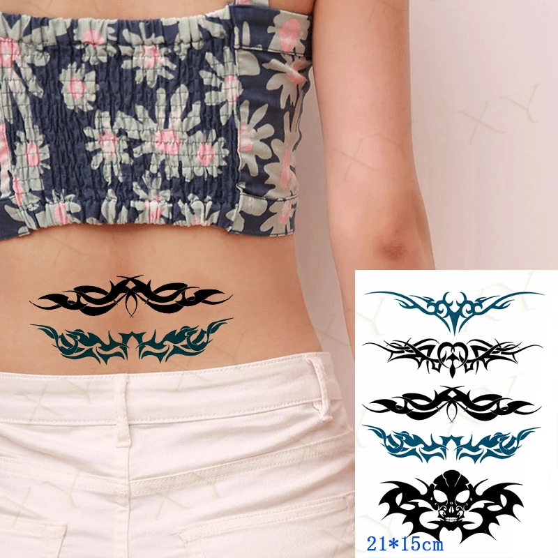 Waterproof Temporary Tattoo Sticker Black Stripe Bar Line Fire Phoenix Bird Fake Flash Tatoo Back Leg Abdomen Arm for Men Women