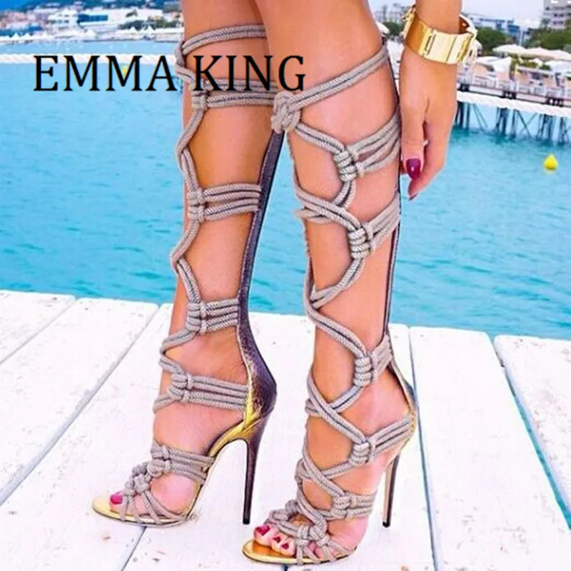 2021 Summer Women Gladiator Rope Sandals Boots Sexy Open Toe Cross-tied Knee High Boots Femme High Heel Sandals Boots Woman