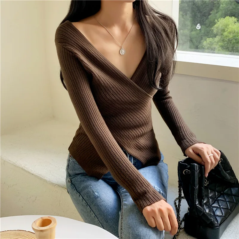 New Autumn Winter Women Rib-Knit Stretchable V Neck Crisscross Wrap Sweater Pull slim sexy Knitted Pullovers Y2k Jumper Tops