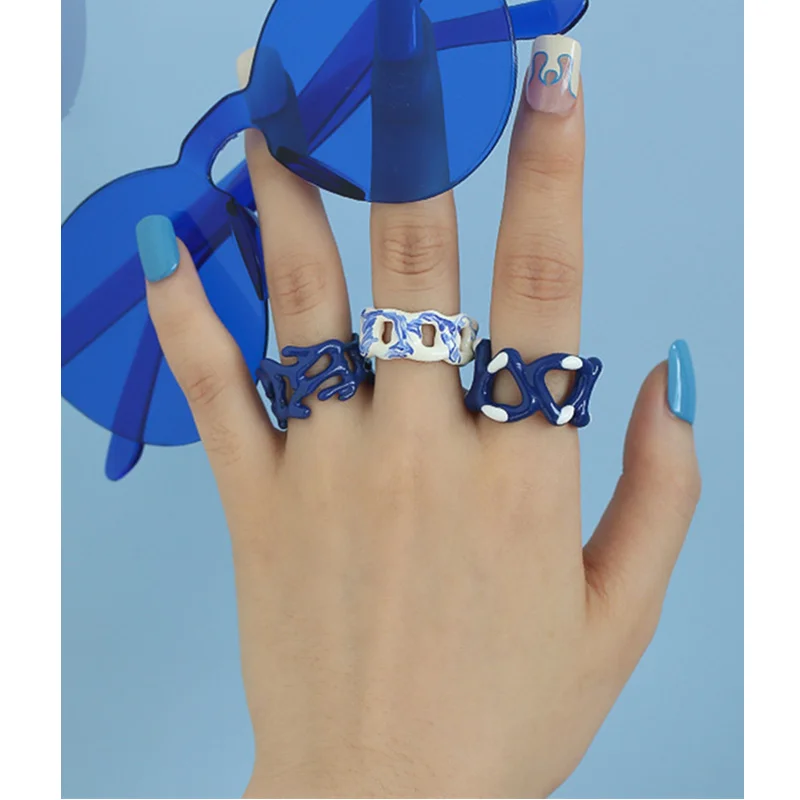 HANGZHI New Vintage Klein Blue Hit Color Handmade Drip Glaze Geometry Hollow Open Rings Trendy Jewelry Gift for Women Girls 2021