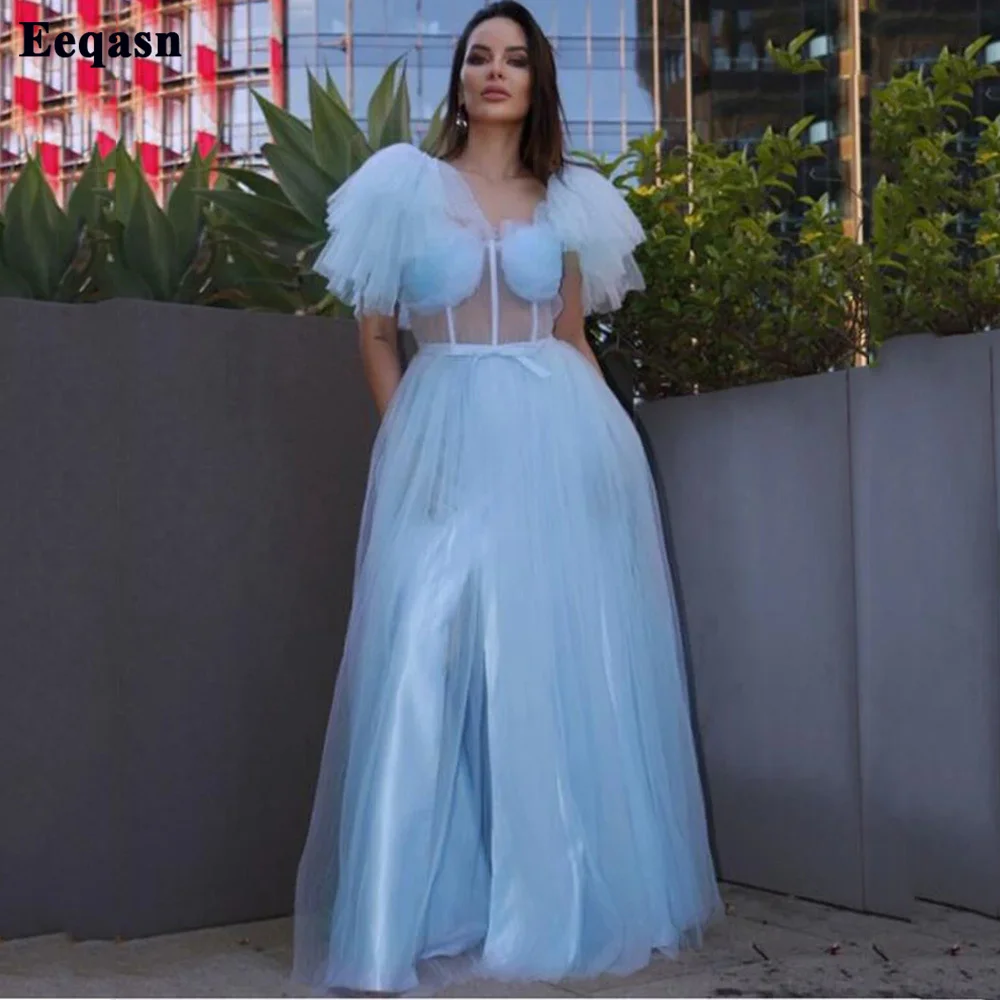 Eeqasn Sky Blue Tulle Lange Bruidsmeisje Jurk Kapmouwtjes Bruiloft Gast Jurken Botten Eenvoudige Formele Jurken Voor Vrouwen Wedding Party