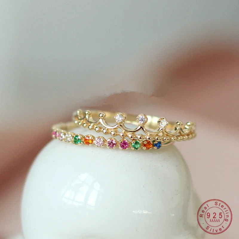 

925 Sterling Silver Multicolor Zircon Crown Finger Ring for Women 14k Gold Plated Jewelry Gift