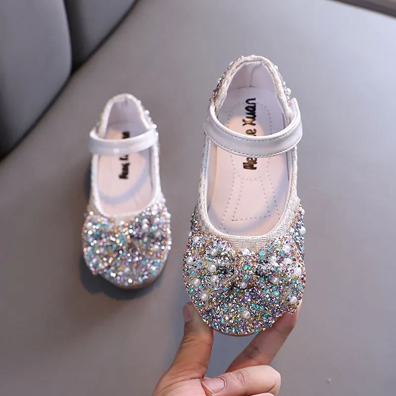 Zapatos de lentejuelas de colores con diamantes de imitación para niñas, zapatillas de princesa con pajarita, zapatos planos de baile, primavera y