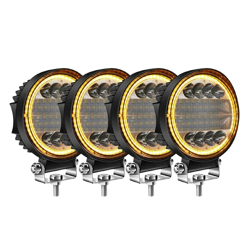 4X LED Work Light Pods Round Amber Spot Combo Light Amber Fog Lamp for Jeep Off Road SUV