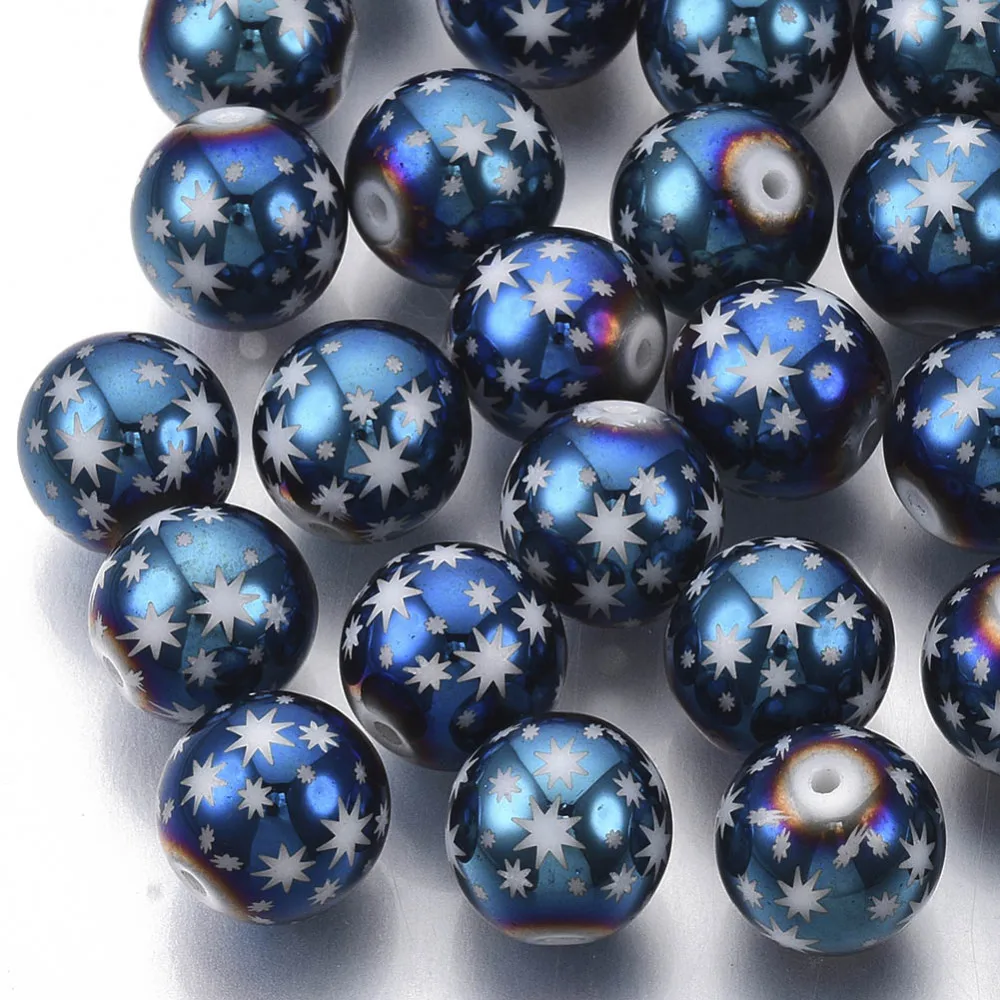 20pcs Christmas Theme Electroplate Glass Beads 10mm Round with Star Pattern for Christmas Jewelry making Decor,Hole: 1.2mm