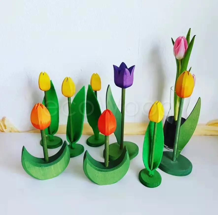 Tulipanes de madera para niños, bloques de construcción, apilamiento, flor, castillo, juegos, manualidades, Montessori, Escena de juguete