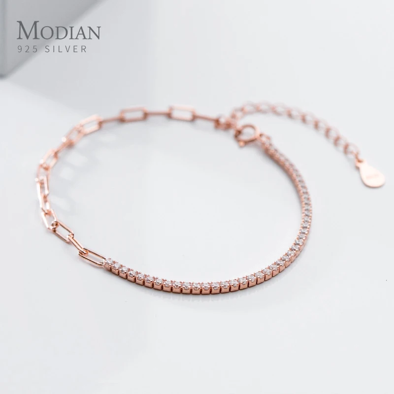 Modian Stackable Zirconia Geometric Oval Interlock Genuine 925 Sterling Silver Asymmetry Bracelet Bangle for Women Fine Jewelry