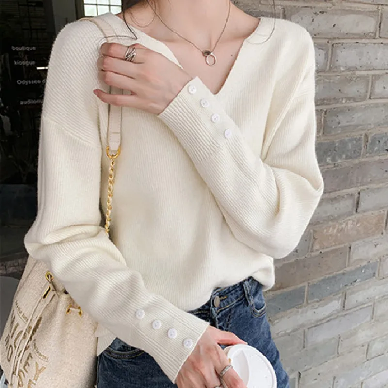 2023 Autumn Spring Women Sweaters Female Tops Knitted Thin Pullover Solid V-neck Loose Elegant Office Lady Casual All Match