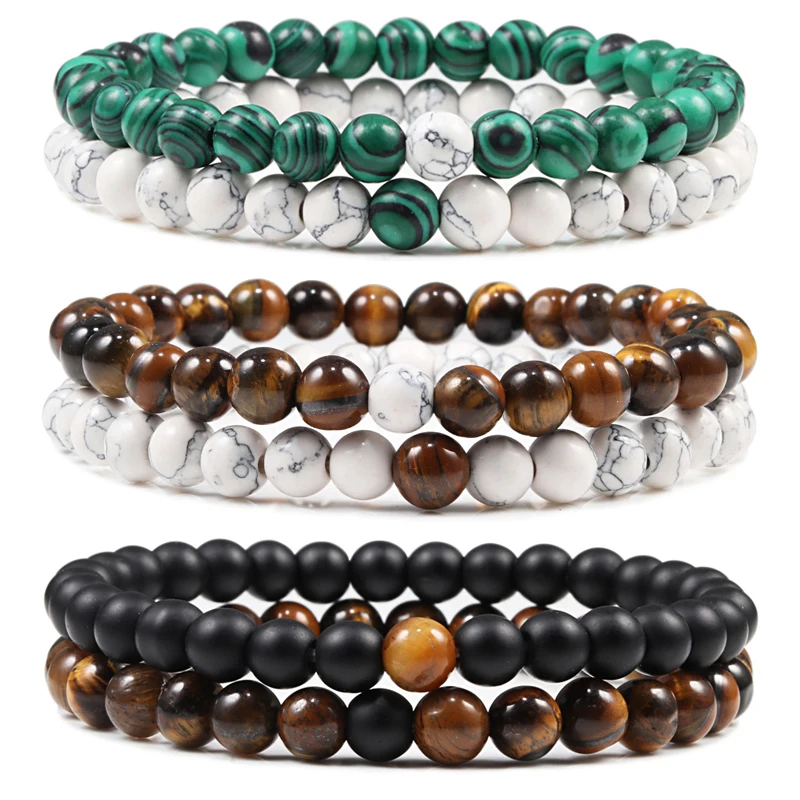 Hot Sale 2pcs/Set Couples Beaded Bracelets Tiger Eye Black Lava Natural Stone Beaded Bracelets Malachite Energy Elastic Jewelry