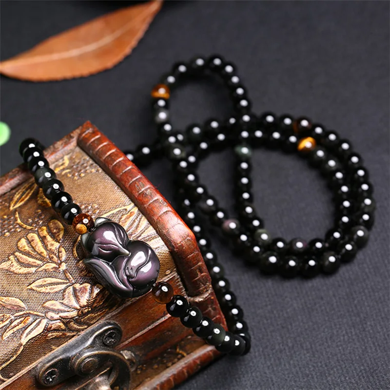 New Obsidian Fox Bracelet 6mm Buddhist Prayer Beads Bangle Hand Craft Funny Animal Jewelry With Tiger Eyes Crystal For Men Women