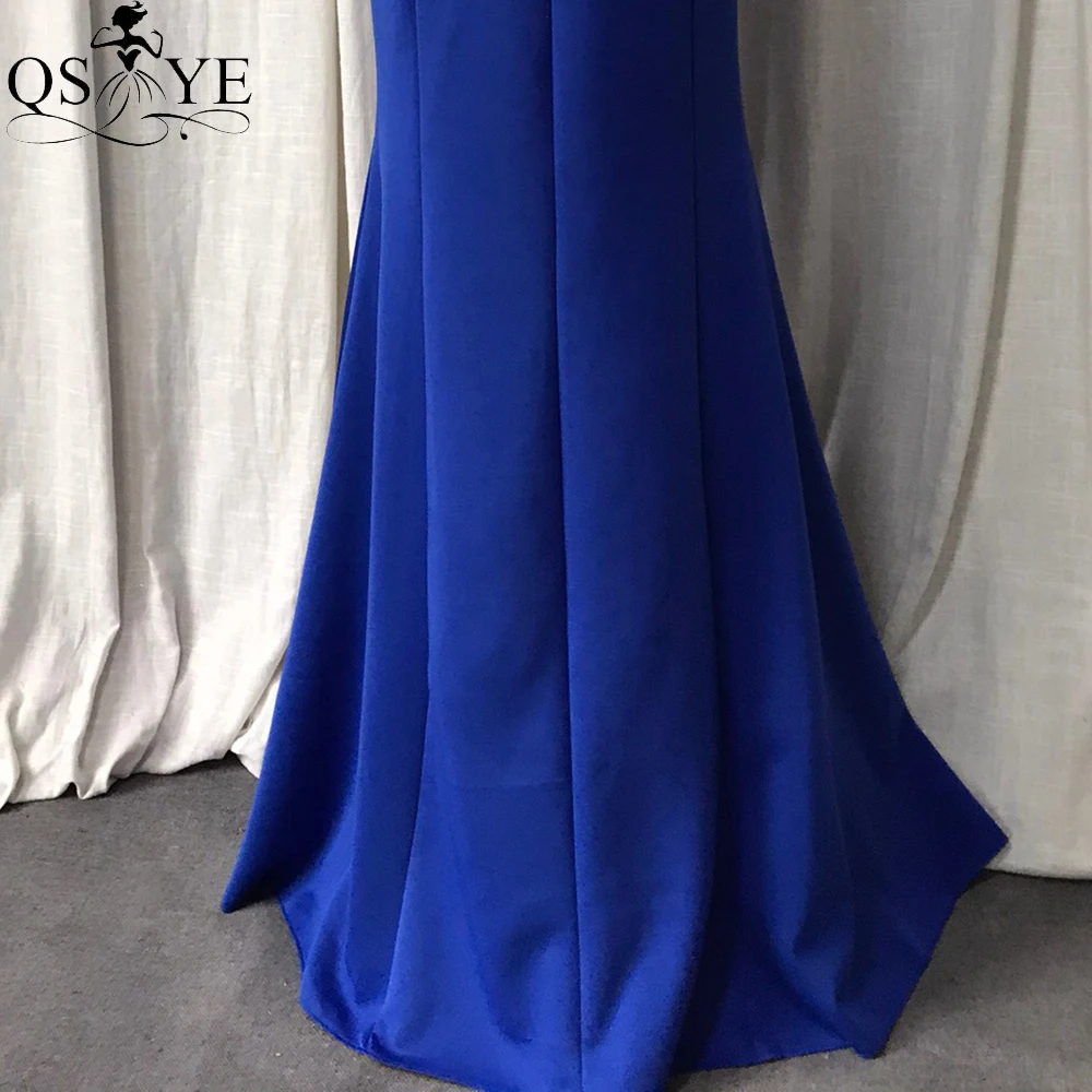 Robe de soirée de forme sirène pour femmes, tenue de soirée, col licou, col haut, perles de cristal, extensible, fendue, de standing, bleu Royal