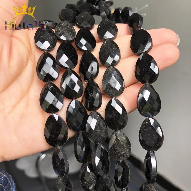 13*18mm Natural Faceted Stone Beads Water Drop Shaped Black Agates Beads For Jewelry Making DIY Bracelet Ear Studs Accessories