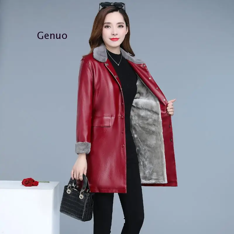 Leather Jacket Women Xl 5Xl  2021 New Autumn Winter Korean Fashion Long Plus Velvet Loose Slim Faux Leather Coats