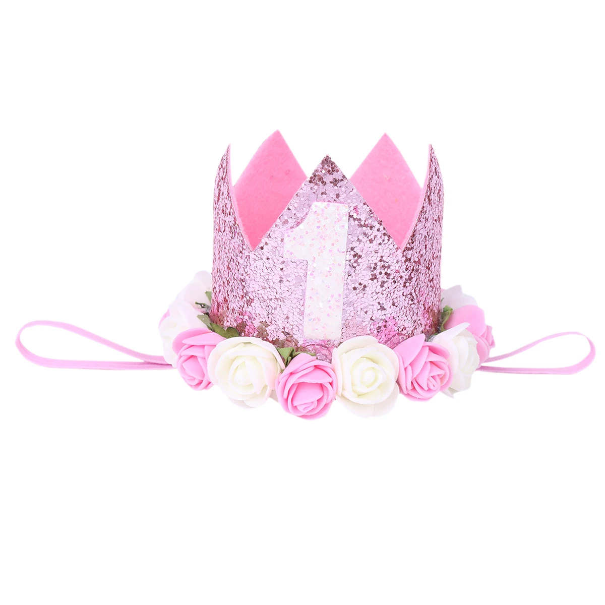 Corona de cumpleaños para bebé recién nacido, Tiara de flores rosas artificiales brillantes, decoraciones para fiesta de cumpleaños de 1 y 2 años