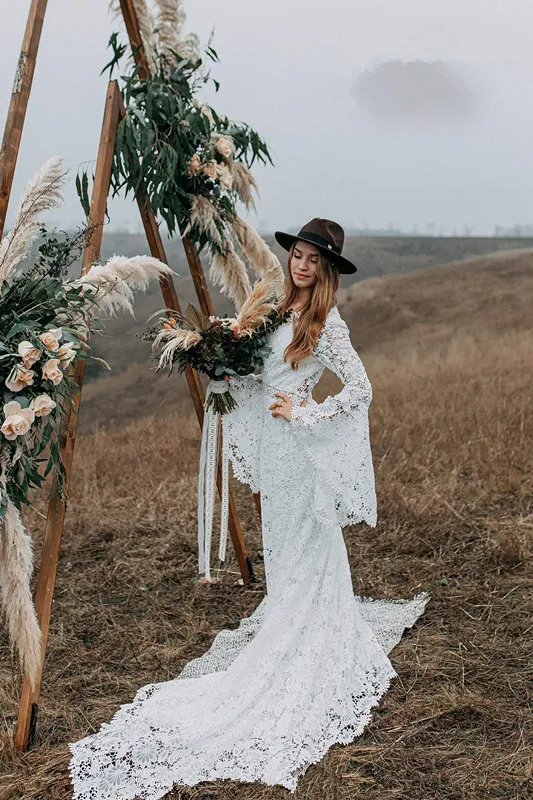 Vestidos de novia franceses de encaje de macramé con mangas largas de campana, cuello en V, Espalda descubierta, bohemio, Hippie, playa, campo, 2021