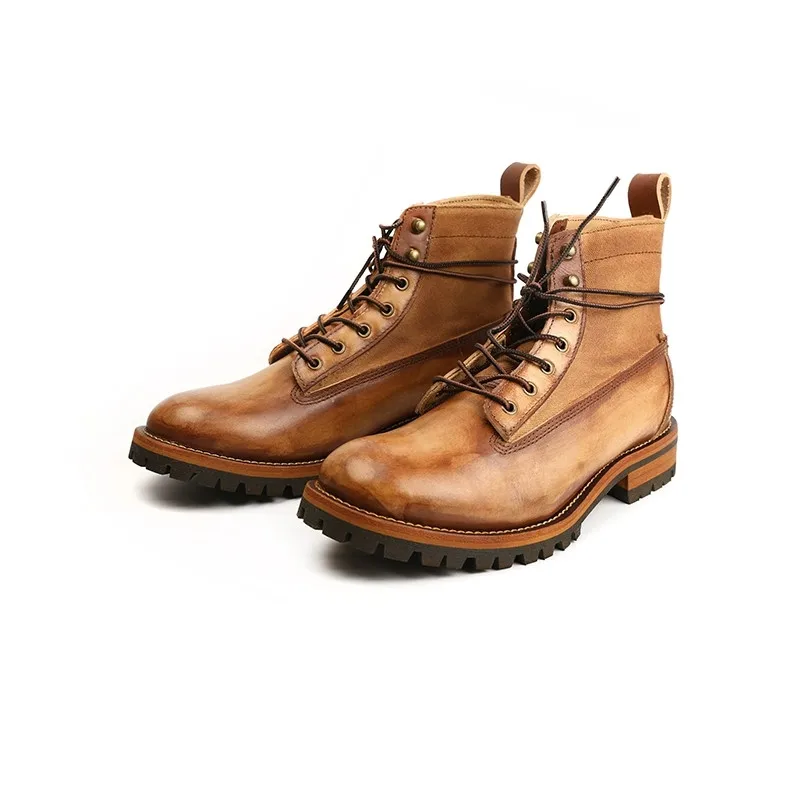 New Vintage Fashion Casual Men Boots Handmade Cow Leather Shoes Round Toe Tooling Motorcycle Boots High Quality Ankle Boots