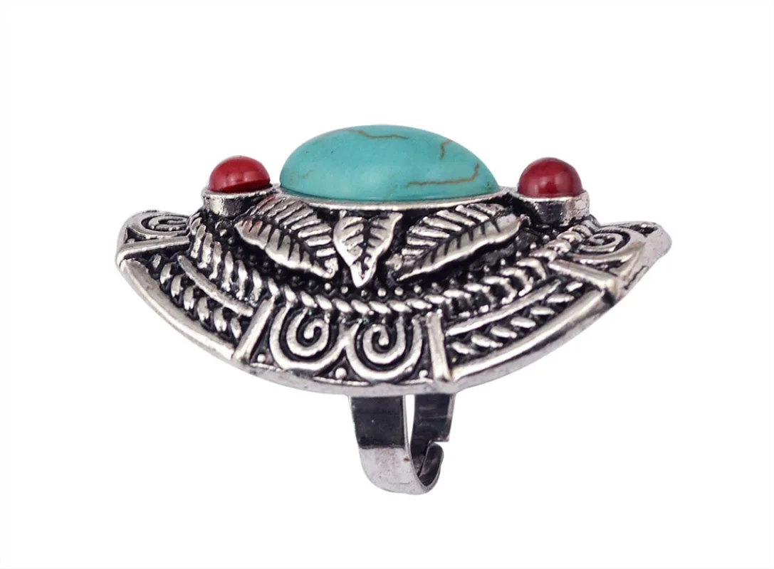 Boho Ethnic Tibet Turquoise Rings For Women Men Retro Silver Color Adjustable Carved Gypsy Tribal Pakistan Afghan Indian Jewelry