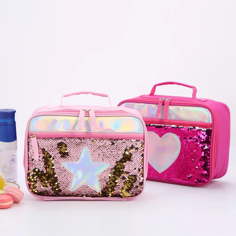 

High Quality Fashion Waterproof Reverse Sequin Insulated Kids Girls Boy Lunch Box Glitter Tote Bag Cooler Picnic Pouch for Food