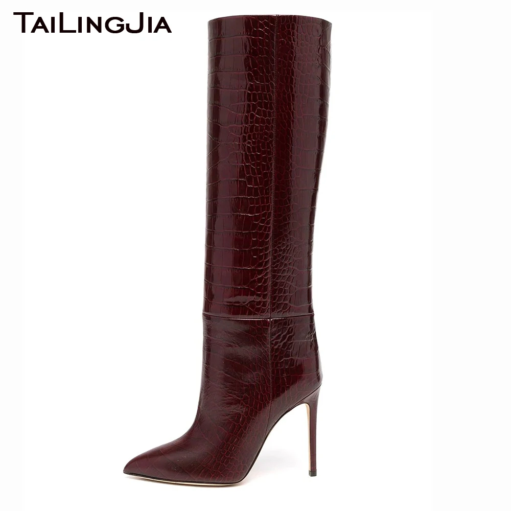 Women Pointed Toe Knee High Boots Stilettos Crocodile Pattern Winter Long Boots Ladies Plus Size High Heel Party Boot 2024 New