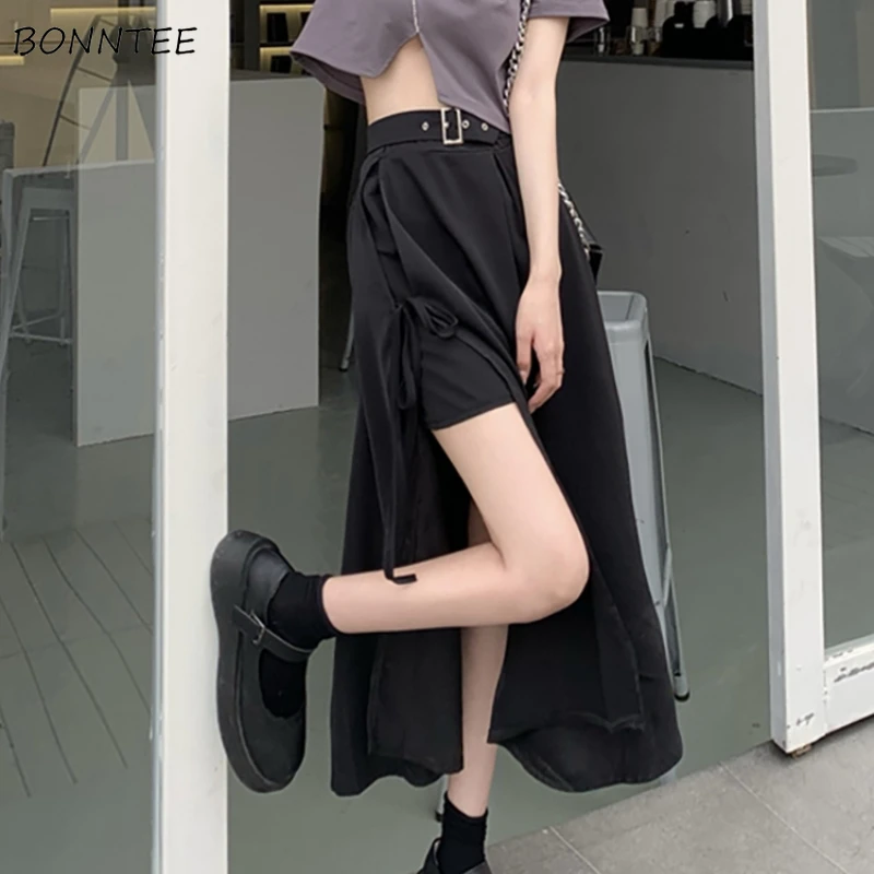 

Harajuku Skirts Women Asymmetrical Summer Korean Style Sashes Mid-calf Empire Streetwear Fashion Female Cool Solid Cozy Baggy