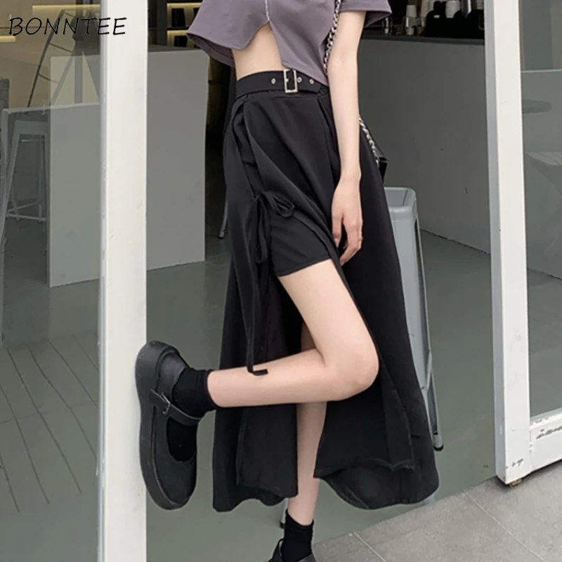 Harajuku Skirts Women Asymmetrical Summer Korean Style Sashes Mid-calf Empire Streetwear Fashion Female Cool Solid Cozy Baggy