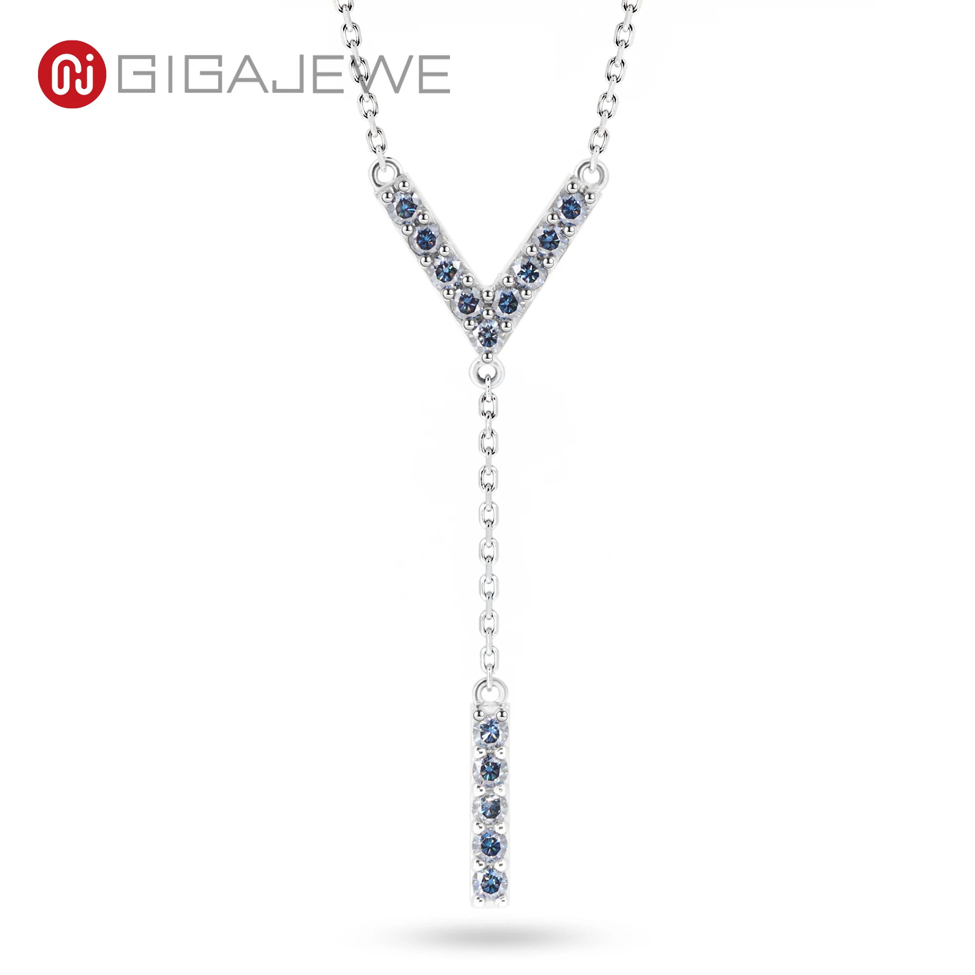 GIGAJEWE Total 0.42ct 14X2.0mm Round Blue Color Moissanite 18K Gold Pendant Necklace Jewelry Y-shaped Fashion Girlfriend Gift