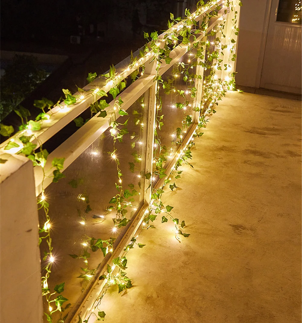 Artificial Ivy String Lights para decoração de casa, Green Leaf Vine Fairy Lights, Guirlanda de lâmpada, Decoração de Natal, 20 LED, 2m