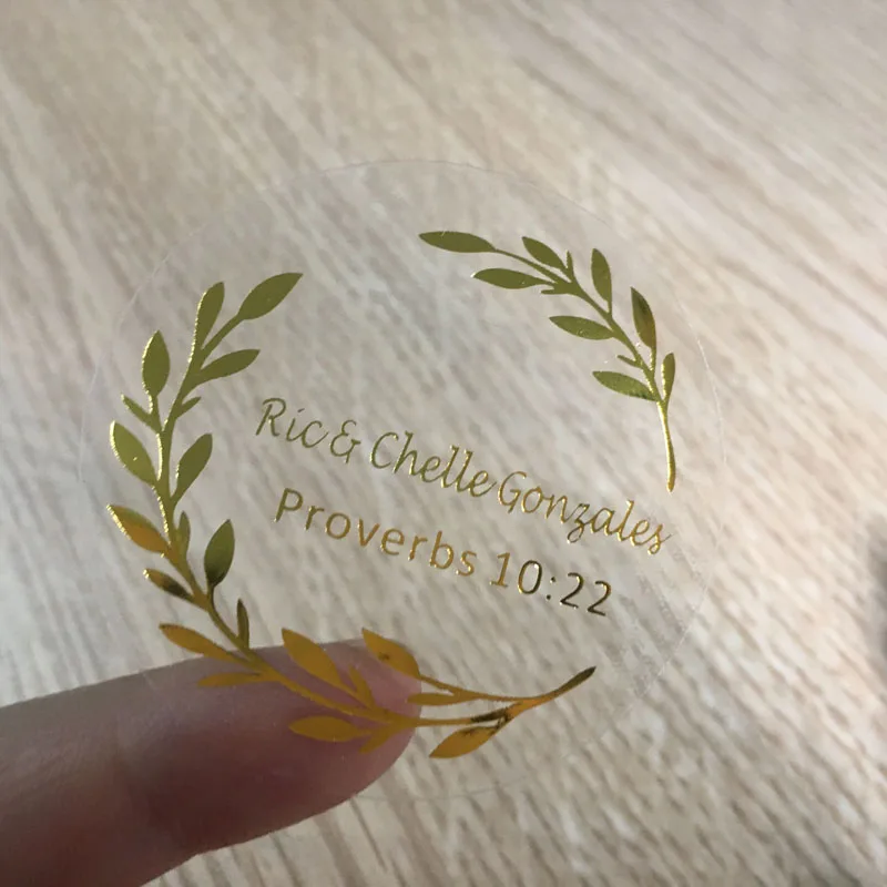 100 Pcs, Real Foil Shiny Gold Custom Stickers, Favors Labels, Transparent, Personalised Wedding Stickers