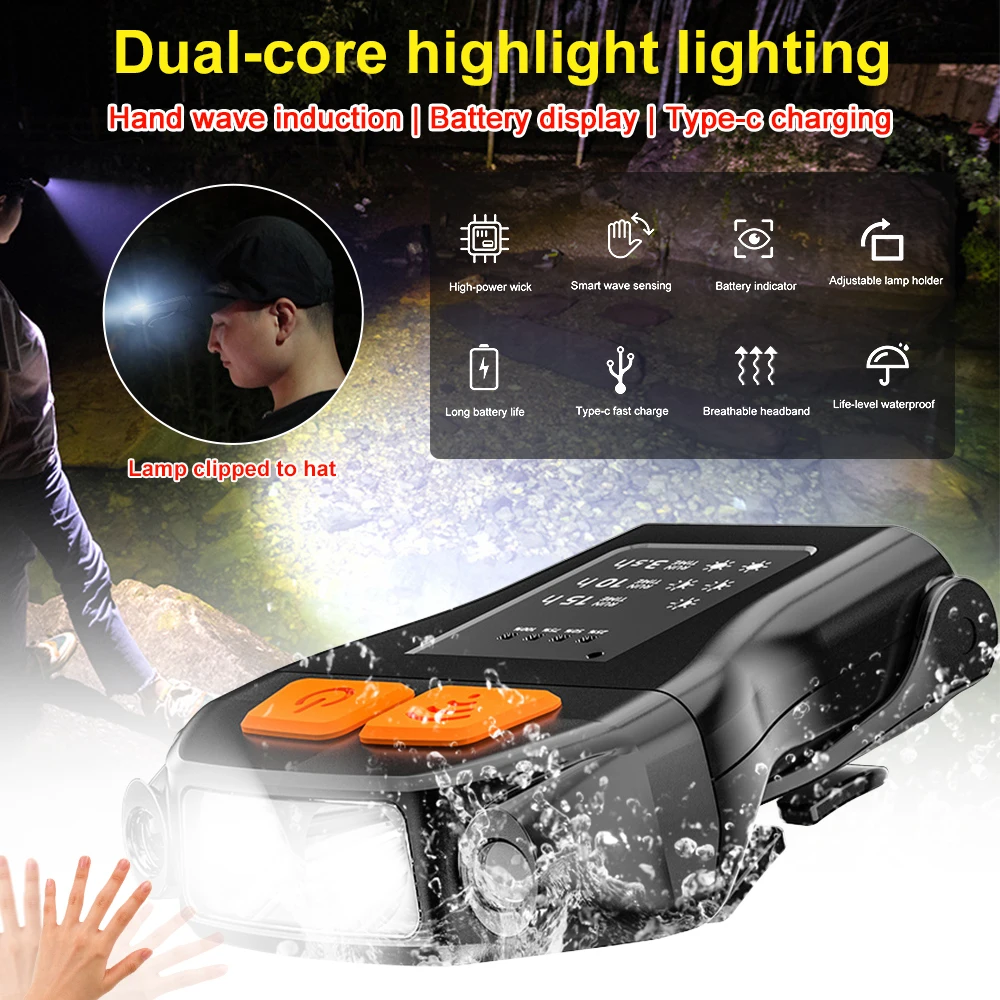 LED Cap Light Clip Hat Headlight Smart Wave Sensor Waterproof 90° Rotation Fishing Cap Lamp USB Charging Head Lamp for Outdoor