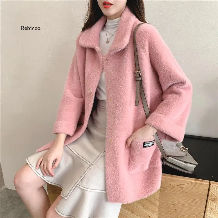 Autumn and Winter Women New Faux Mink Fur Coat Female Loose Thick Warm Fashion Knitted Cardigan Mid Long Regular Coat