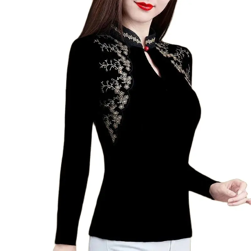 

Fashion Add Velvet Autumn Winter Thicken Lace Net Yarn Base Shirt Female Embroidery Temperament Ladies' Small Shirt 5XL