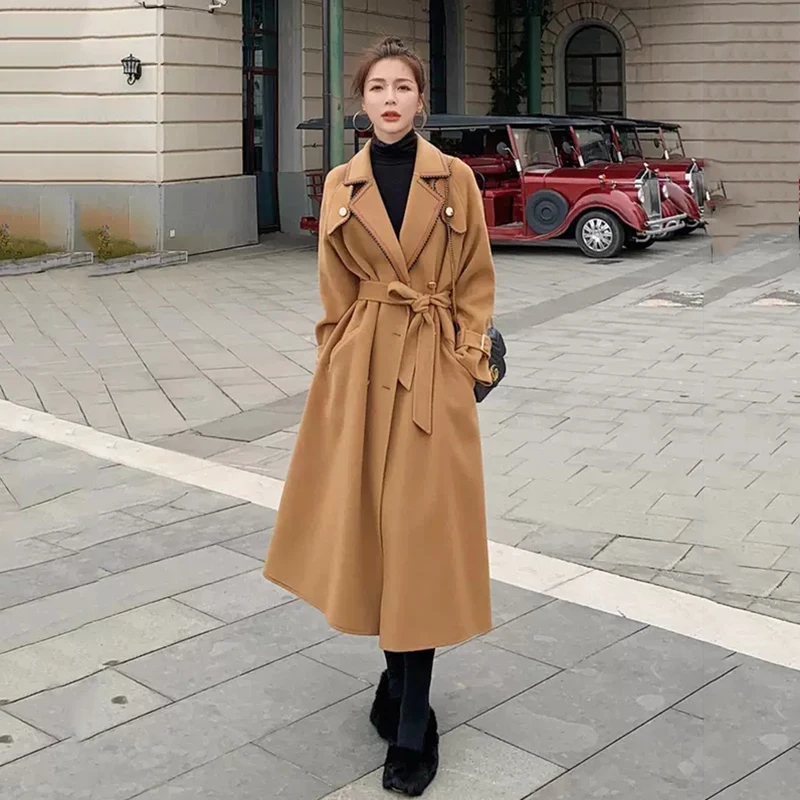 

2021Autumn Women Wool Coat Turn Down Collar Drouble Breasted Wool Outerwear Vintage Female Woolen Coat Femme Streetwear Overcoat