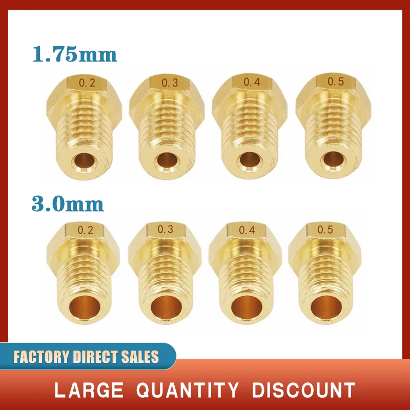 Buses filetées pour imprimante 3D V5 V6 M6, lot de 5 pièces d'accessoires, filament en métal E3D, dimensions de 0,2 0,25 0,3 0,4 0,5 0,6 0,8 1,0 1,75 et 3,0mm