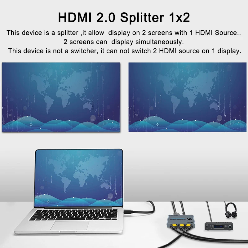 1x2 HD Splitter Spdif 3.5MM Audio Extractor HDMI 2.0 Ultra 4K 1 in 2 Out 4K60HZ HDR 3D Full HD 1080P With power adapter