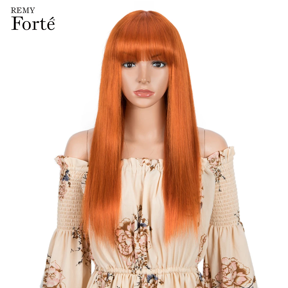 Pelucas de cabello humano Remy Forte para mujer, 28 pulgadas, naranja, recto, BOB, con flequillo, Rubio, Cosplay, brasileño, peluca de color