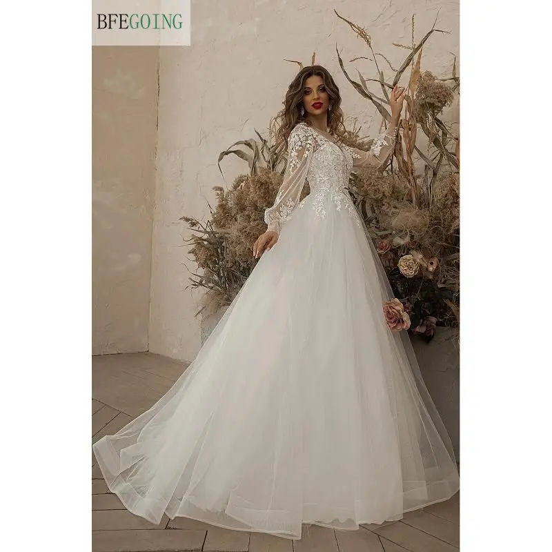 Luxurious Ivory Lace Appliques Tulle Long Sleeves Floor-Length Princess A-Line Wedding Gowns Custom Made Bridal Dresses