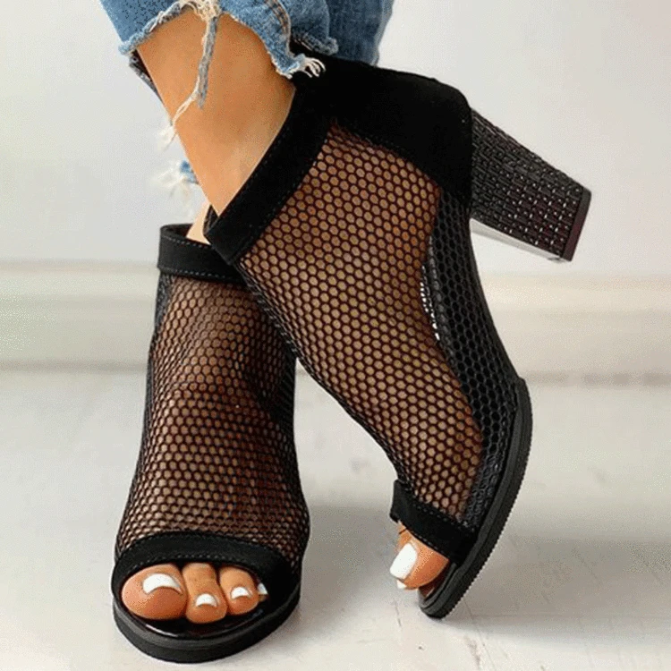 Women Boots Mesh Suede Ankle Boots Lace Summer Boots Zapatos Chaussures Femme Zipper Square High Heel Leopard Women Shoes