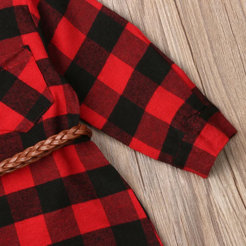 Lioraitiin 1-5Years Toddler Baby Girls New Christmas Long Shirt Dress Tops Long Sleeve Red Plaid Straight Knee-Length Dress Belt